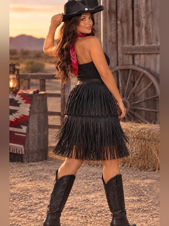 Insight Dresses & Skirts - Womens Faux Leather Fringe Skirt Black Western Cowgirl Costume Party Size 2